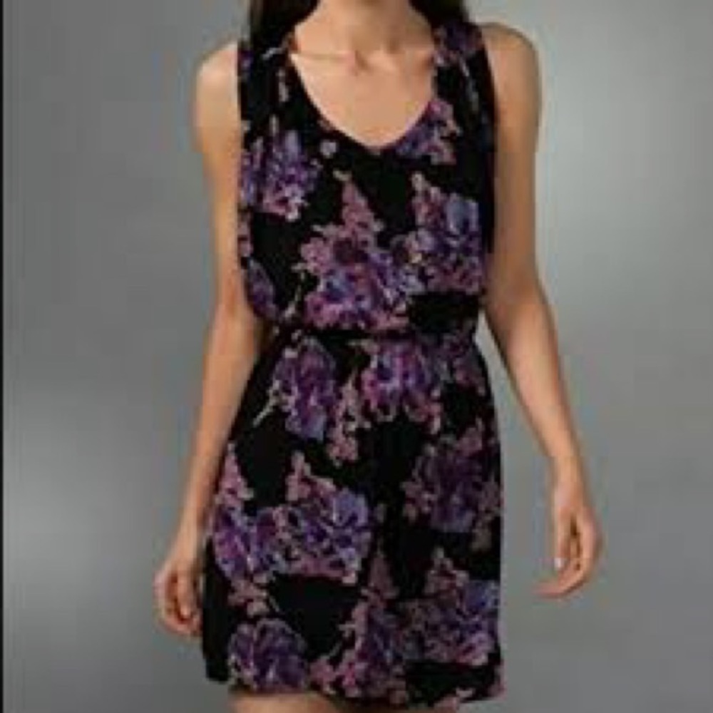 Free People Purple Black Floral Sleeveless Cowl Neck Elastic Waist Mini Dress S